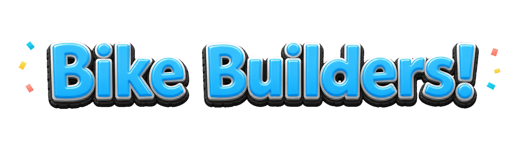 Brand logo reading 'Bike Builders!' in glossy blue 3D letters with a dark shadow and small colorful confetti on the sides. | Team Building Activities & Techniques