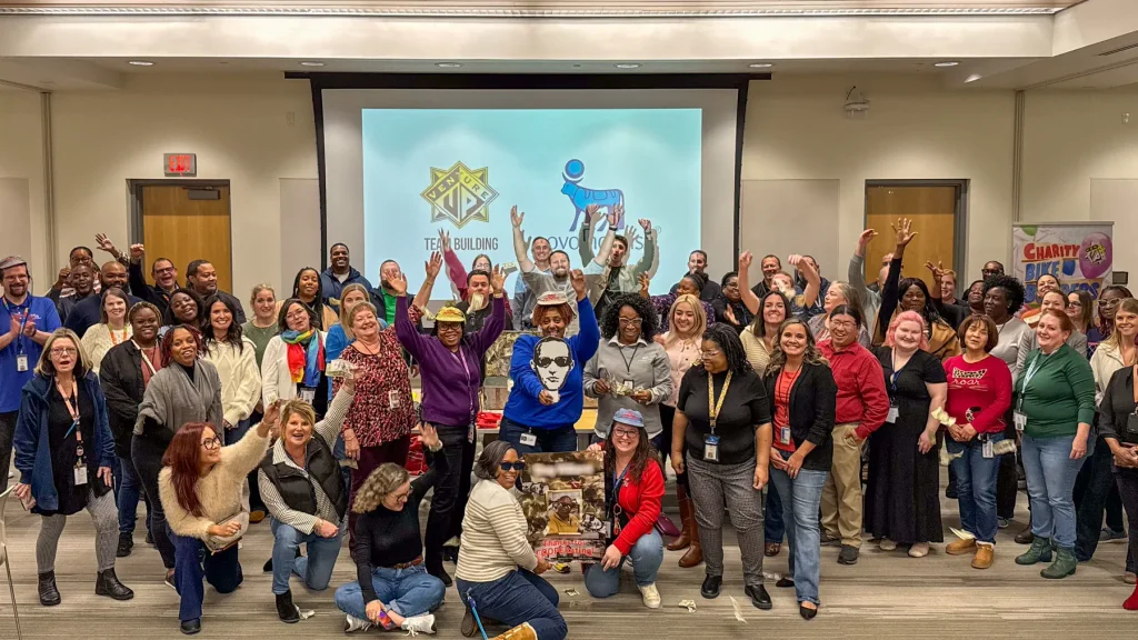 Large group celebrating Escape Case challenge in Clayton, North Carolina