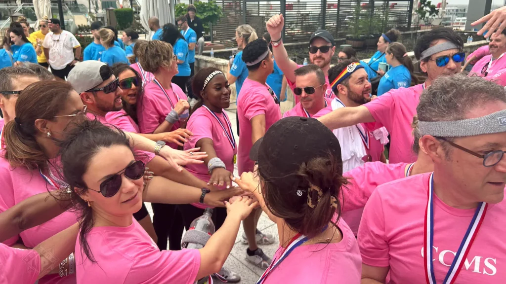 Team huddling during Amazing Race Scavenger Hunt in Houston