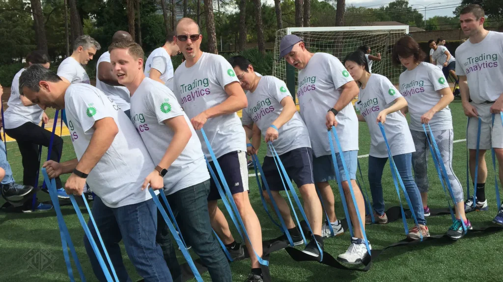 Team coordinating ski boards during Strategic Games in Houston