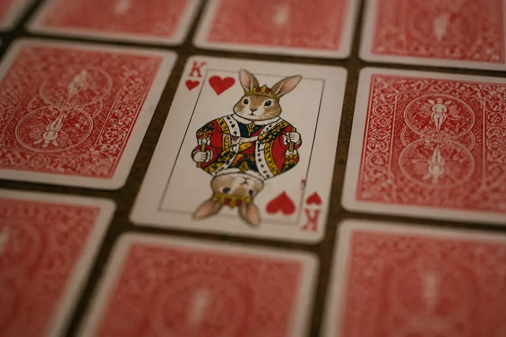 Macro photo of a deck of playing cards on a table with one face-up King of Hearts featuring a rabbit, sharply in focus against blurred red-backed cards. | Team Building Activities & Techniques
