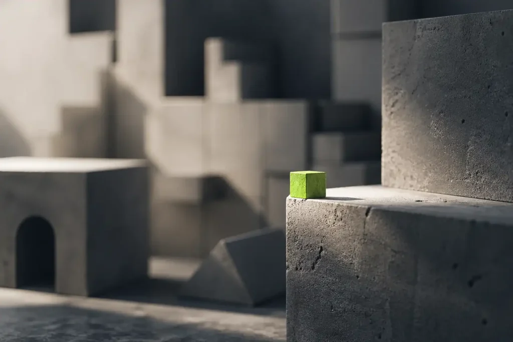 Minimalist 3D scene of gray concrete blocks with a single bright green cube highlighting a small detail in a construction-like abstract environment. | Team Building Activities & Techniques