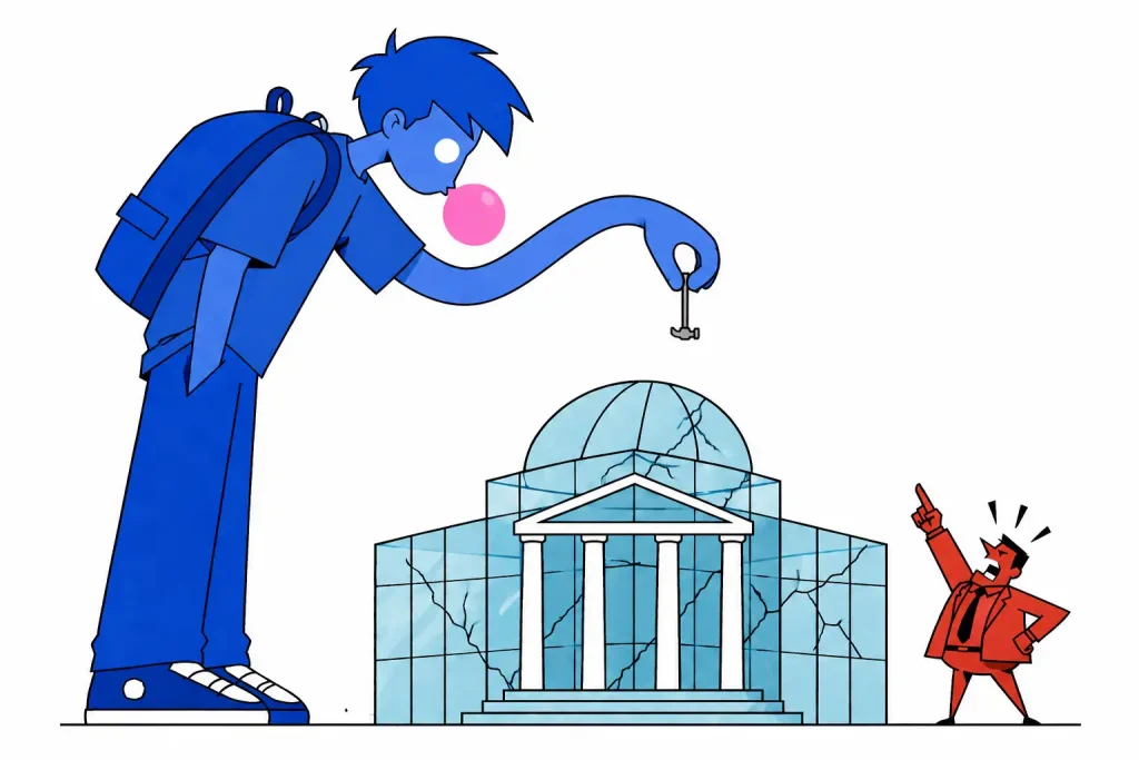 Minimalist cartoon-style giant blue teenager with round fingertips holding a tiny hammer above a cracked glass government building, while a small red man angrily points upward. | Team Building Activities & Techniques
