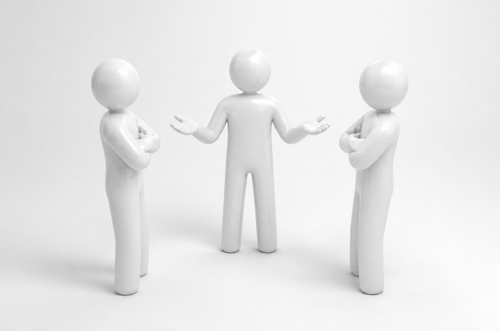Minimalist white 3D render of three faceless human figures; two with crossed arms look toward a central mediator figure offering a solution. | Team Building Activities & Techniques