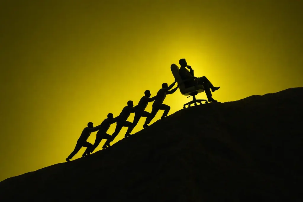 Silhouetted team pushing a boss in an office chair uphill, illustrating leadership bias and team effort in a dramatic high-contrast scene. | Team Building Activities & Techniques