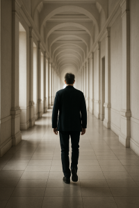 Man walking alone down a long hallway, symbolizing a customer leaving without saying why. | Team Building Activities & Techniques